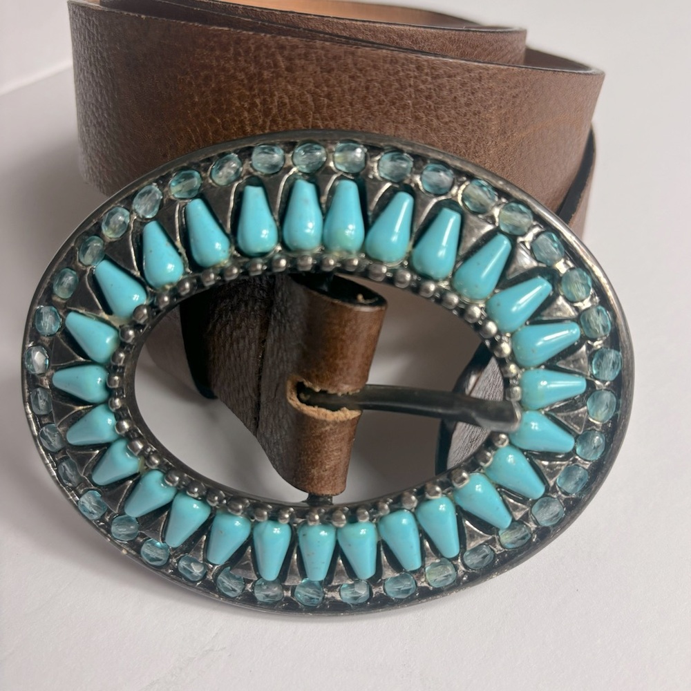 Harold’s Turquoise Buckle Bohemian/ shabby Chic leather belt. Made in Italy.
